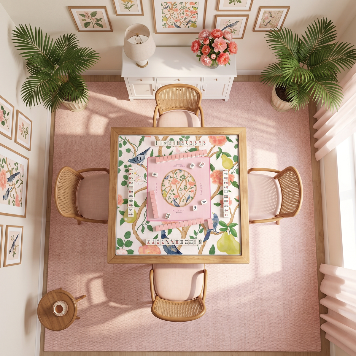 Blush Citrus American Mahjong mat styled on a wooden table with tiles and rattan chairs