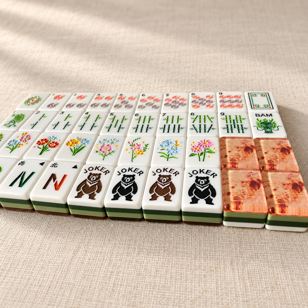 Copper Grove American Mahjong tiles with woodgrain-effect backs and green layered sides