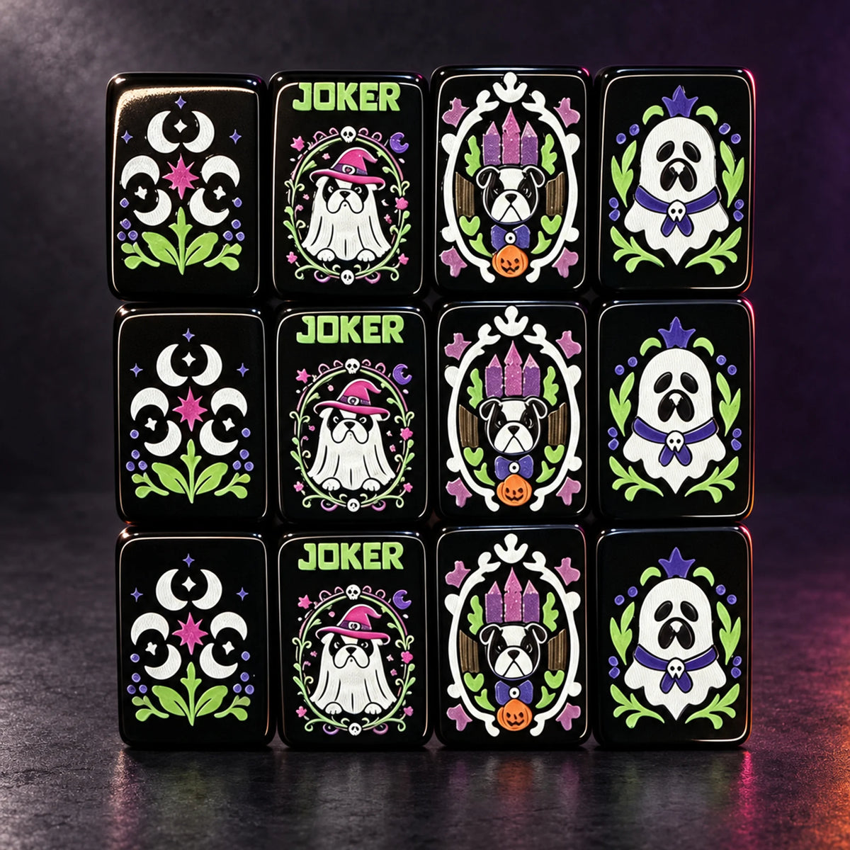 Black Halloween American Mahjong tiles with bulldog ghosts, witches, castles, and crescent moon artwork