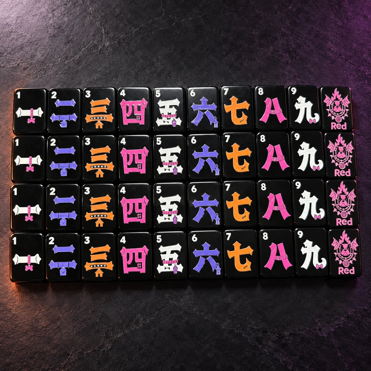 Black character suit Mahjong tiles with bone details in white, violet, orange, and pink