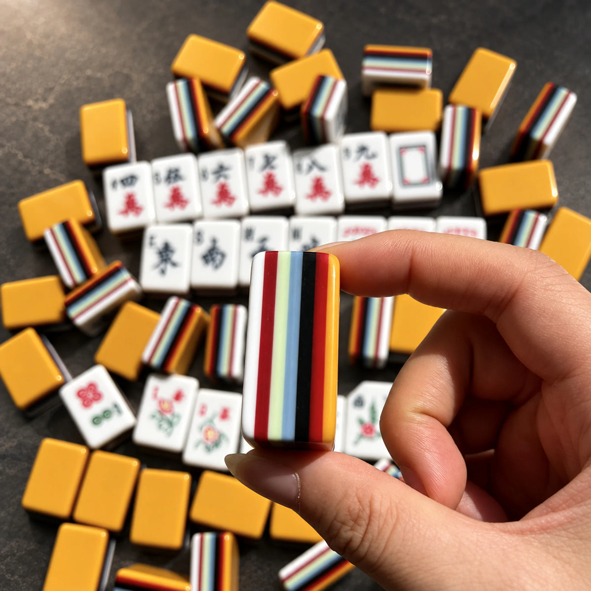 Close-up of a Layered Ember seven-layer acrylic Mahjong tile edge