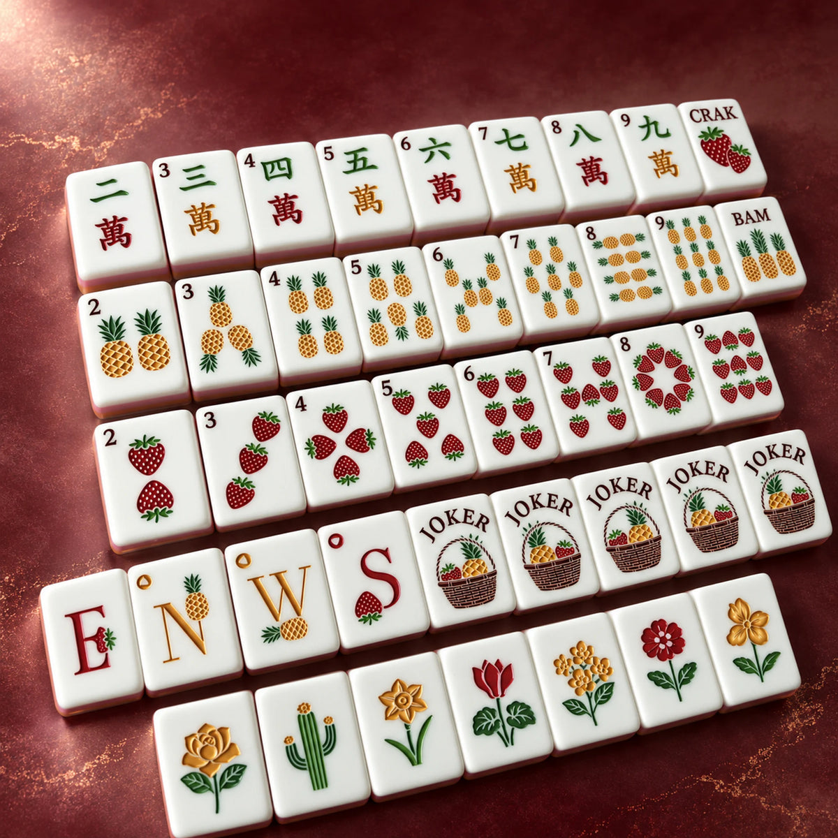 Orchard Pearl American Mahjong tiles with strawberry and pineapple artwork