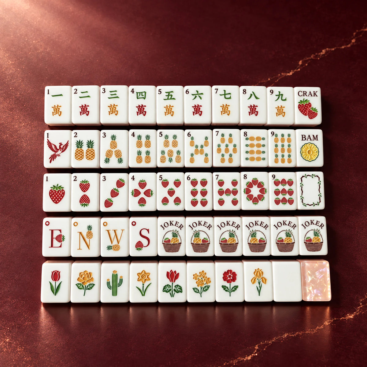 Orchard Pearl tile faces, winds, Jokers, flowers and pearlescent back