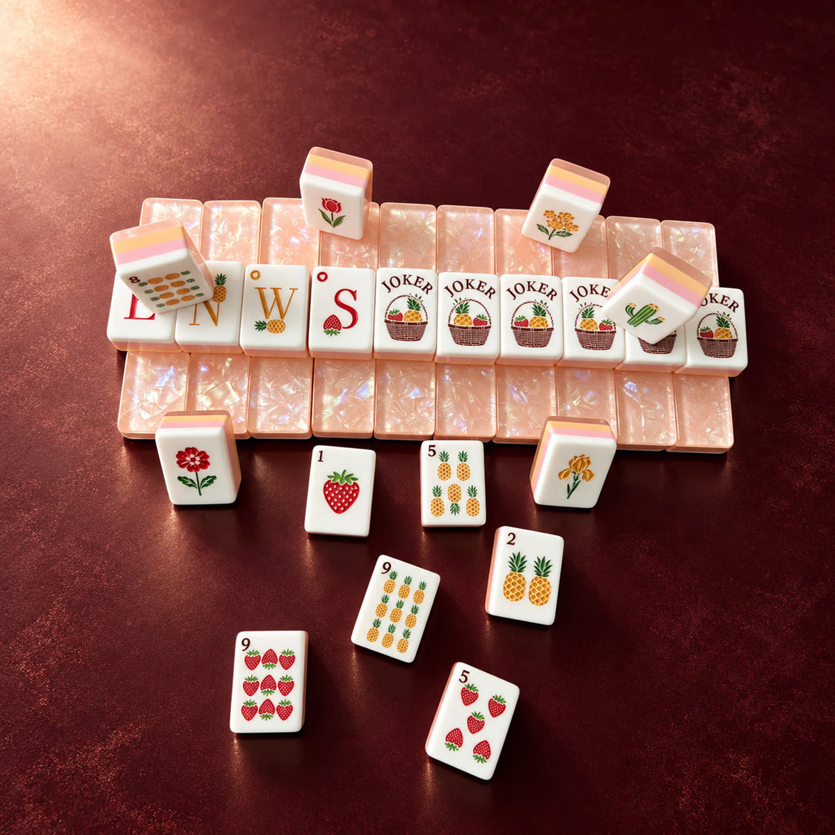 Orchard Pearl American Mahjong tiles with blush-pink pearlescent backs