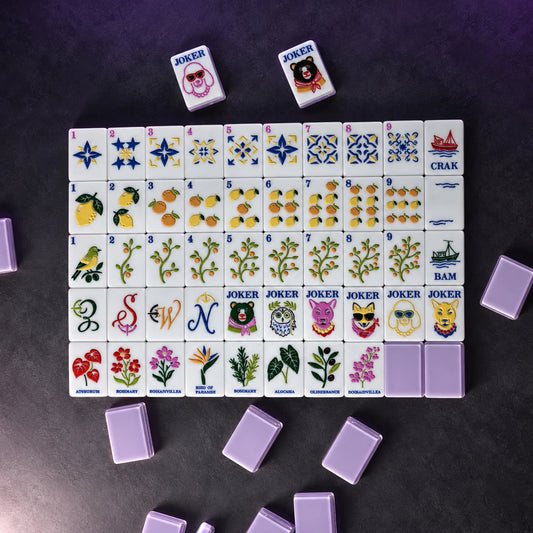 Violet Orchard American Mahjong tiles with fruit, floral and geometric artwork
