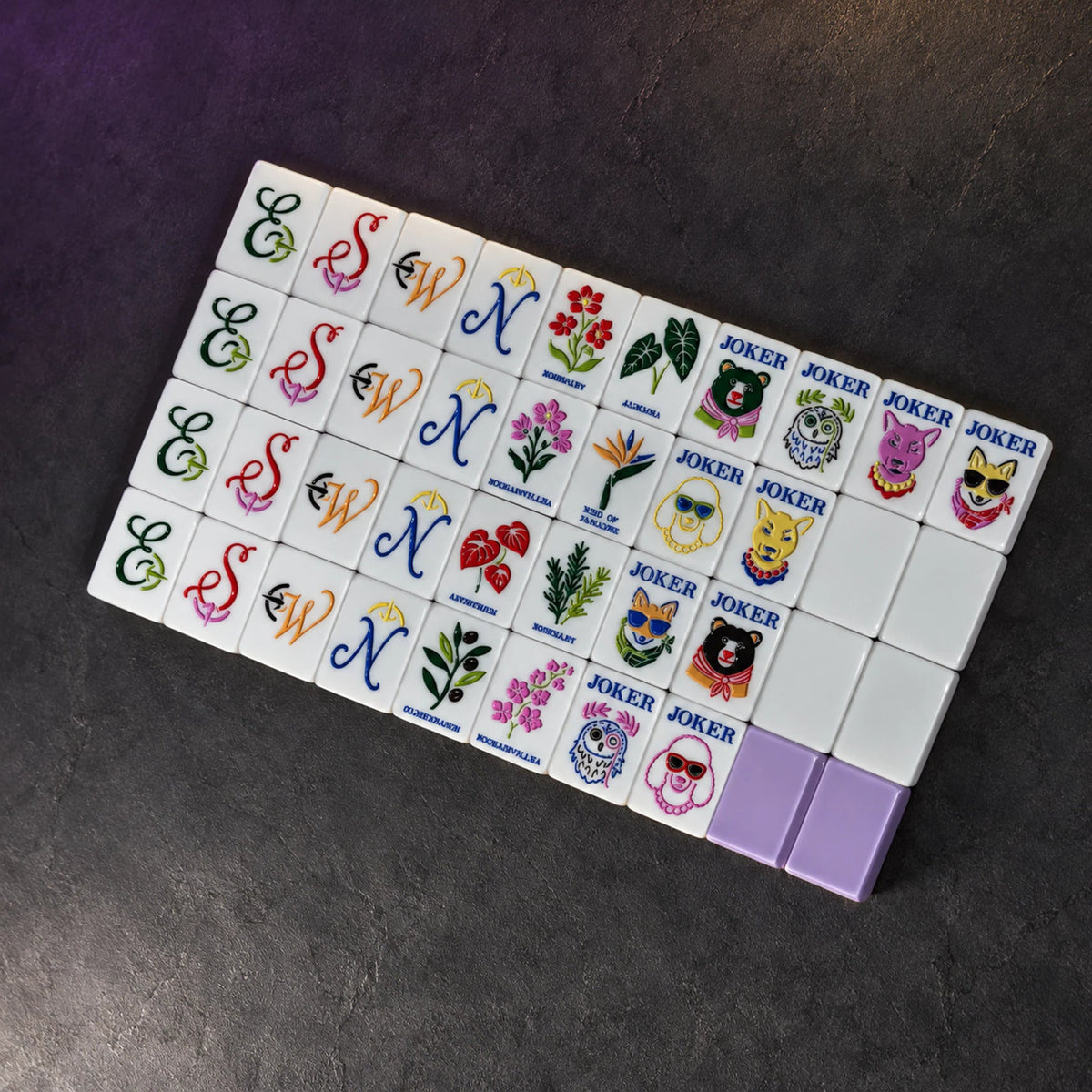Violet Orchard tile faces, flowers, winds, Jokers and lavender backs