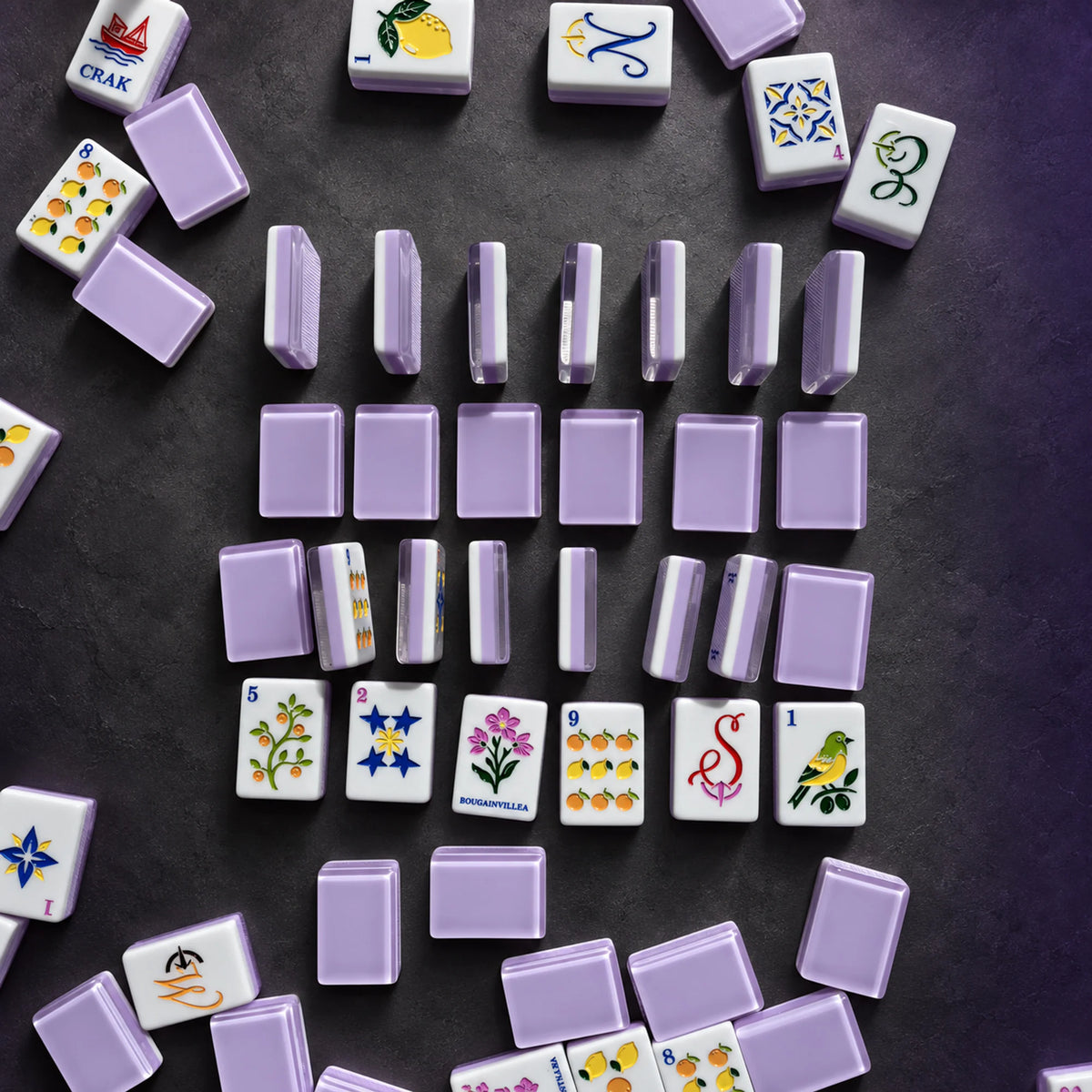 Violet Orchard tile faces, lavender backs and side profiles