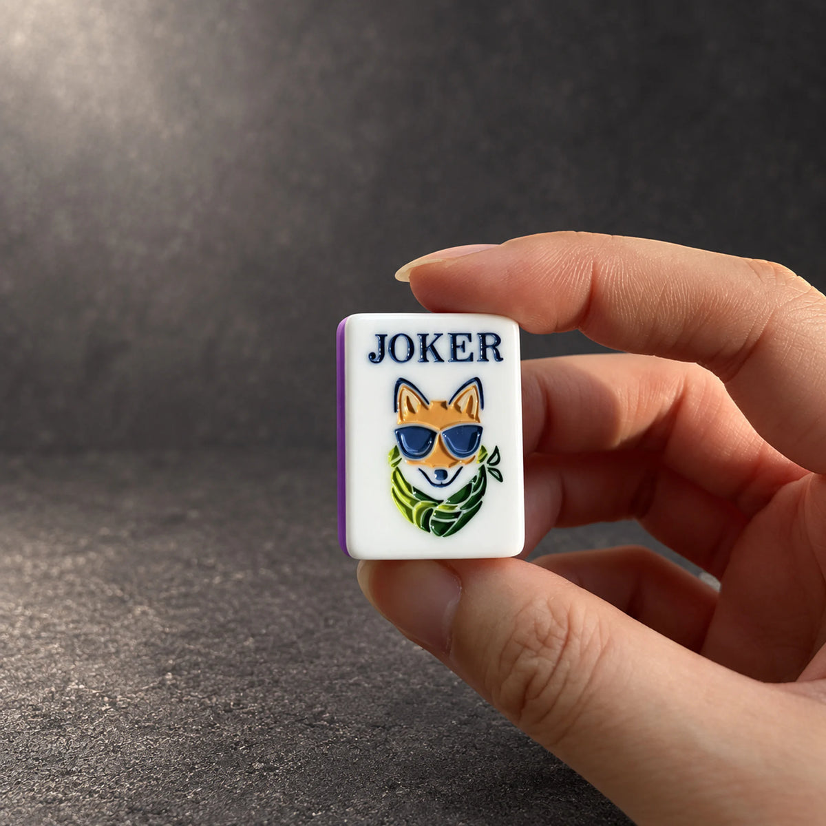 Close-up of a fox Joker tile from the Violet Orchard Mahjong set
